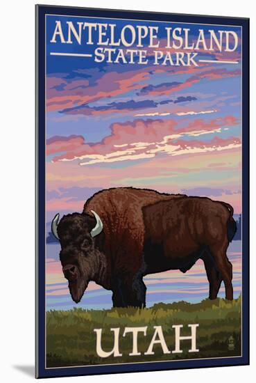 Antelope Island State Park, Utah - Bison and Sunset-Lantern Press-Mounted Art Print
