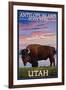 Antelope Island State Park, Utah - Bison and Sunset-Lantern Press-Framed Art Print