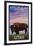 Antelope Island State Park, Utah - Bison and Sunset-Lantern Press-Framed Art Print