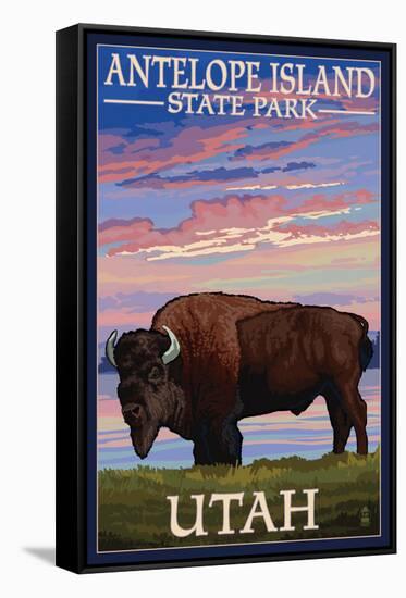 Antelope Island State Park, Utah - Bison and Sunset-Lantern Press-Framed Stretched Canvas