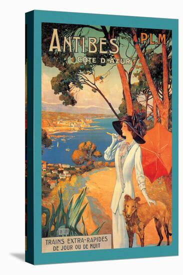 Antibes, Lady in White with Parasol and Dog-David Dellepiane-Stretched Canvas