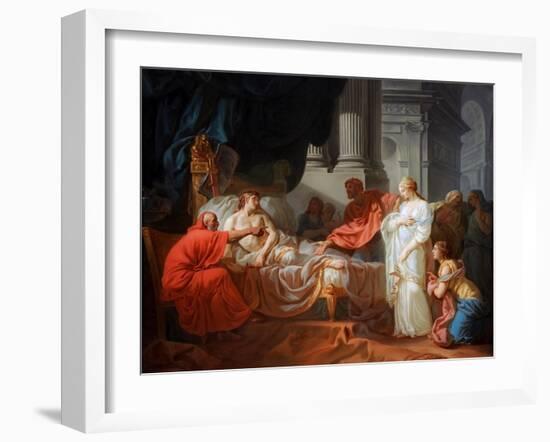 Antiochus ill in bed as his doctor, Erasistratus, discovers his love for Stratonice of Syria.-Vernon Lewis Gallery-Framed Art Print