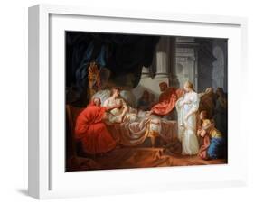 Antiochus ill in bed as his doctor, Erasistratus, discovers his love for Stratonice of Syria.-Vernon Lewis Gallery-Framed Art Print