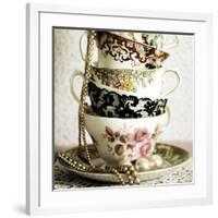 Antique Cups and Saucers with Pearls 01-Tom Quartermaine-Framed Giclee Print