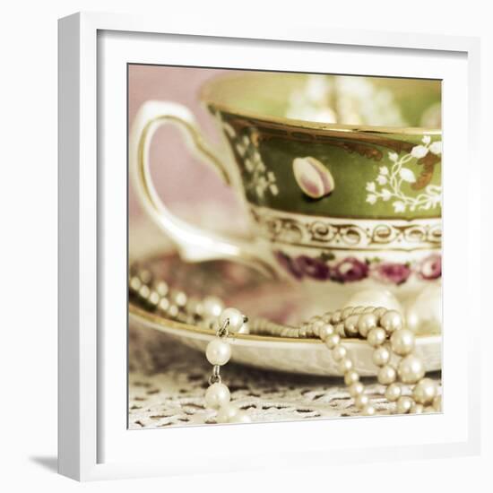 Antique Cups and Saucers with Pearls 02-Tom Quartermaine-Framed Giclee Print