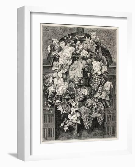 Antique Illustration Of A Mascaron Framed By Flowers: Architectural Decorative Element-marzolino-Framed Art Print