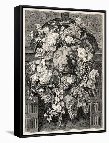 Antique Illustration Of A Mascaron Framed By Flowers: Architectural Decorative Element-marzolino-Framed Stretched Canvas