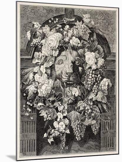 Antique Illustration Of A Mascaron Framed By Flowers: Architectural Decorative Element-marzolino-Mounted Art Print