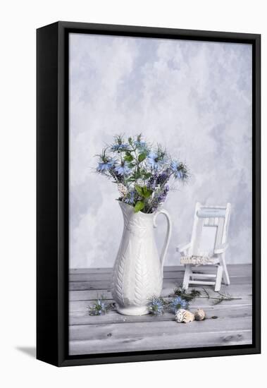 Antique Jug of Cut Cornflowers with Seashells-Amd Images-Framed Stretched Canvas