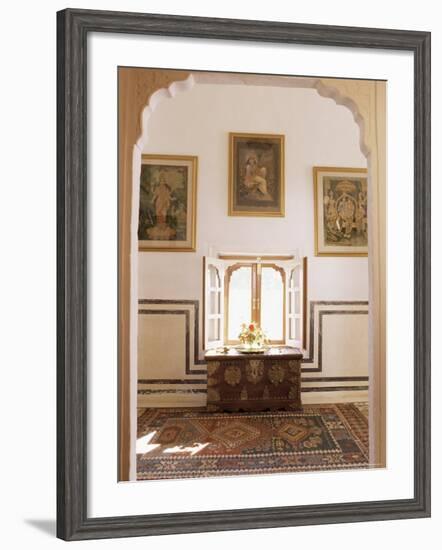 Antique Pictorial Prints of Hindu Gods and Brass Decorated Chest in Hall of Private Residence-John Henry Claude Wilson-Framed Photographic Print