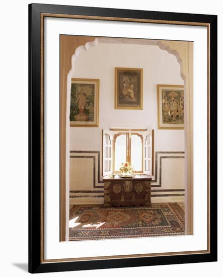 Antique Pictorial Prints of Hindu Gods and Brass Decorated Chest in Hall of Private Residence-John Henry Claude Wilson-Framed Photographic Print