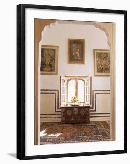 Antique Pictorial Prints of Hindu Gods and Brass Decorated Chest in Hall of Private Residence-John Henry Claude Wilson-Framed Photographic Print
