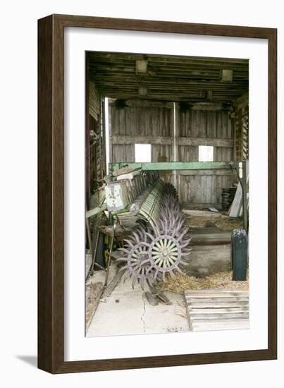 Antique Plow in an Old Wooden Barn, Joliet, Illinois, USA. Route 66-Julien McRoberts-Framed Photographic Print