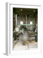 Antique Plow in an Old Wooden Barn, Joliet, Illinois, USA. Route 66-Julien McRoberts-Framed Photographic Print