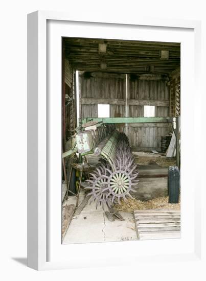 Antique Plow in an Old Wooden Barn, Joliet, Illinois, USA. Route 66-Julien McRoberts-Framed Photographic Print