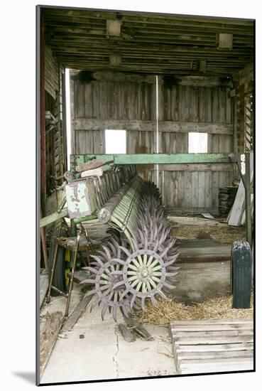 Antique Plow in an Old Wooden Barn, Joliet, Illinois, USA. Route 66-Julien McRoberts-Mounted Photographic Print