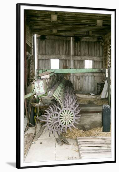 Antique Plow in an Old Wooden Barn, Joliet, Illinois, USA. Route 66-Julien McRoberts-Framed Premium Photographic Print