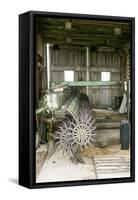 Antique Plow in an Old Wooden Barn, Joliet, Illinois, USA. Route 66-Julien McRoberts-Framed Stretched Canvas