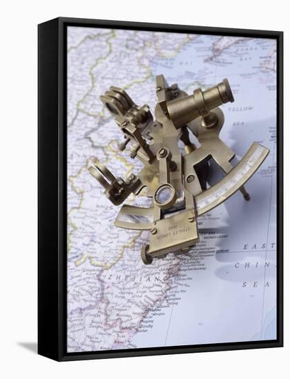 Antique Sextant on a Map-null-Framed Stretched Canvas