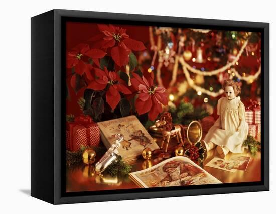 ANTIQUE TOYS POINSETTIA UNDER CHRISTMAS TREE-Panoramic Images-Framed Stretched Canvas