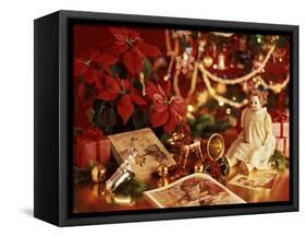 ANTIQUE TOYS POINSETTIA UNDER CHRISTMAS TREE-Panoramic Images-Framed Stretched Canvas