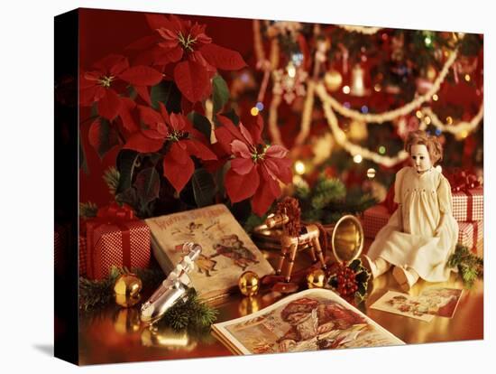 ANTIQUE TOYS POINSETTIA UNDER CHRISTMAS TREE-Panoramic Images-Stretched Canvas