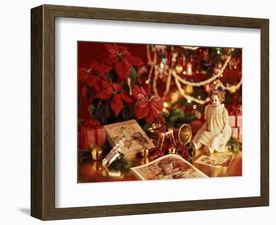 ANTIQUE TOYS POINSETTIA UNDER CHRISTMAS TREE-Panoramic Images-Framed Photographic Print