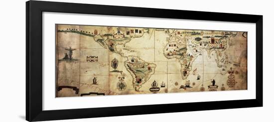 Antique World Planisphere Portolan Map Of Spanish And Portuguese Maritime And Colonial Empire-marzolino-Framed Art Print