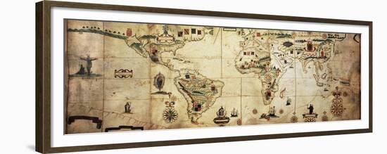 Antique World Planisphere Portolan Map Of Spanish And Portuguese Maritime And Colonial Empire-marzolino-Framed Premium Giclee Print