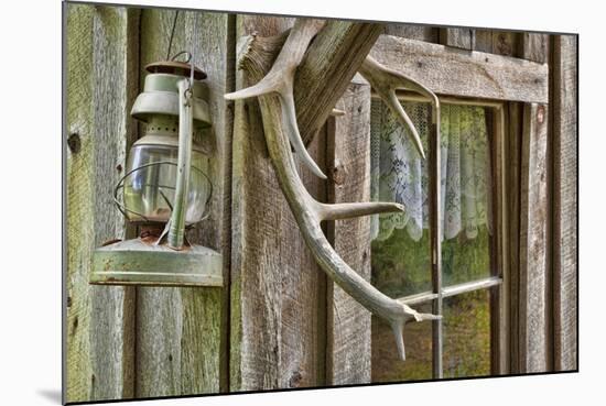 Antlers and Lantern Hanging on Rustic Home, Stehekin, Washington, USA-Jaynes Gallery-Mounted Photographic Print