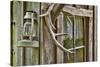 Antlers and Lantern Hanging on Rustic Home, Stehekin, Washington, USA-Jaynes Gallery-Stretched Canvas