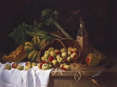Still Life with a Bottle of Wine, Rhubarb and an Upturned Basket of Apples on a Table