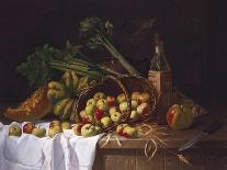 Still Life with a Bottle of Wine, Rhubarb and an Upturned Basket of Apples on a Table-Antoine Vollon-Giclee Print