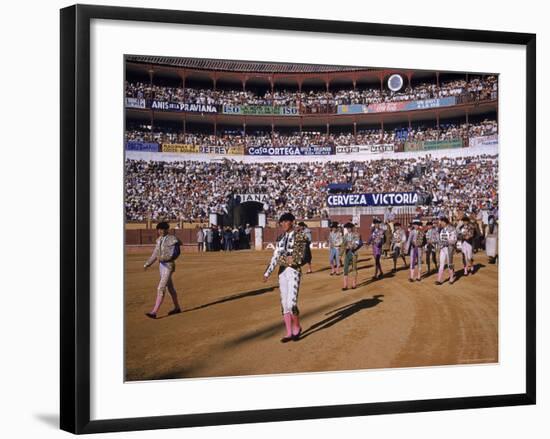 Antonio Ordonez and Luis Miguel Dominguin Greet Crowd Before a Mano Bullfight at Malaga Bullring-James Burke-Framed Premium Photographic Print