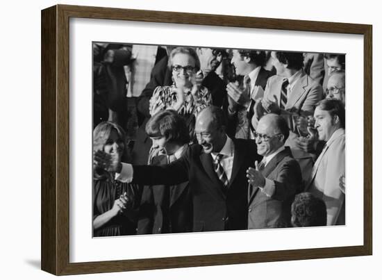 Anwar Sadat and Menachem Begin acknowledge President Carter as he announces the Camp David Accords-Warren K. Leffler-Framed Photographic Print