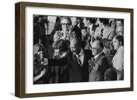 Anwar Sadat and Menachem Begin acknowledge President Carter as he announces the Camp David Accords-Warren K. Leffler-Framed Photographic Print