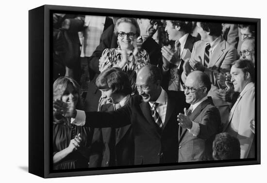Anwar Sadat and Menachem Begin acknowledge President Carter as he announces the Camp David Accords-Warren K. Leffler-Framed Stretched Canvas