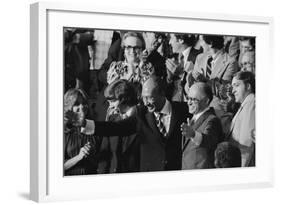 Anwar Sadat and Menachem Begin acknowledge President Carter as he announces the Camp David Accords-Warren K. Leffler-Framed Photographic Print