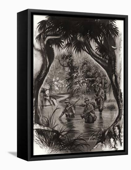 Anzac Troops Crossing a Jungle River During a World War II Patrol-Ron Embleton-Framed Stretched Canvas