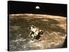Apollo 11's Lunar Module Flying over the Moon with Earth in the Bkgrd-null-Stretched Canvas