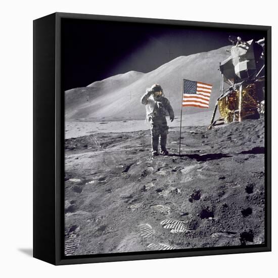 Apollo 15 Astronaut David Scott, Gives a Military Salute to US Flag on the Moon, July 30, 1971-null-Framed Stretched Canvas