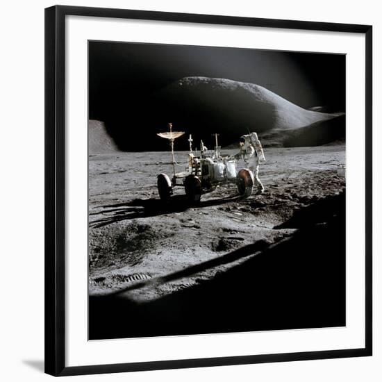 Apollo 15 Astronaut James Irwin Works at the Lunar Roving Vehicle at Hadley-Apennine Landing Site-null-Framed Photo