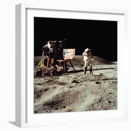 Apollo 16 Astronaut Salutes the US Flag on the Moon, July 21-24, 1971-null-Framed Photo