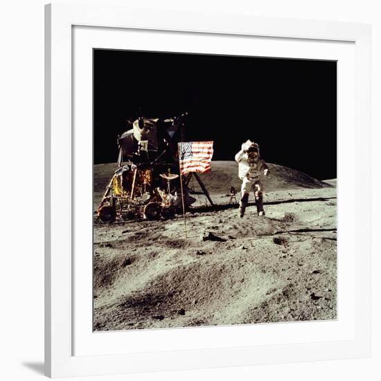 Apollo 16 Astronaut Salutes the US Flag on the Moon, July 21-24, 1971-null-Framed Photo