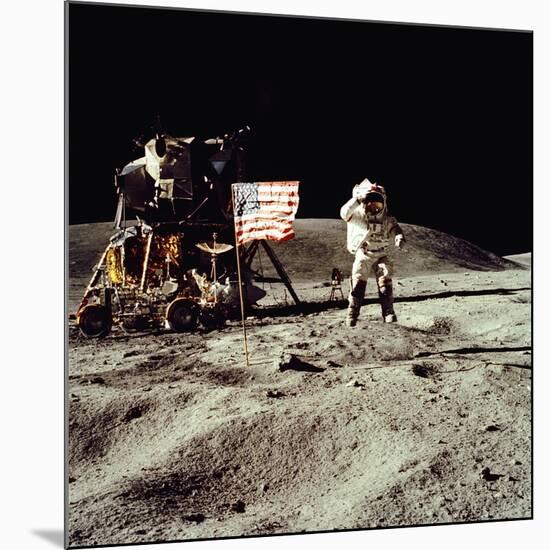 Apollo 16 Astronaut Salutes the US Flag on the Moon, July 21-24, 1971-null-Mounted Photo