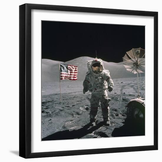 Apollo 17 Astronaut Stands Between US Flag and Lunar Rover, Dec 12, 1971-null-Framed Photo