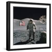 Apollo 17 Astronaut Stands Between US Flag and Lunar Rover, Dec 12, 1971-null-Framed Photo