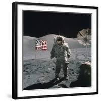 Apollo 17 Astronaut Stands Between US Flag and Lunar Rover, Dec 12, 1971-null-Framed Photo