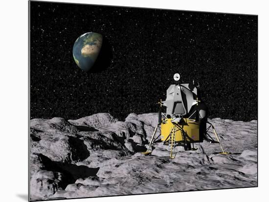 Apollo on Surface of Moon, with Earth in the Background-null-Mounted Art Print