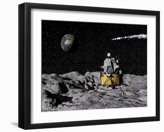 Apollo on Surface of Moon, with Saturn V Rocket in the Background-null-Framed Art Print